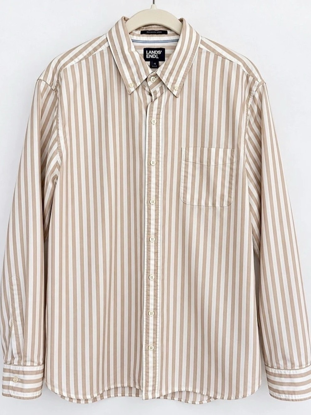 Lands’ End Men’s L Tall Sail Rigger Oxford Shirt Tan White Stripe Cotton